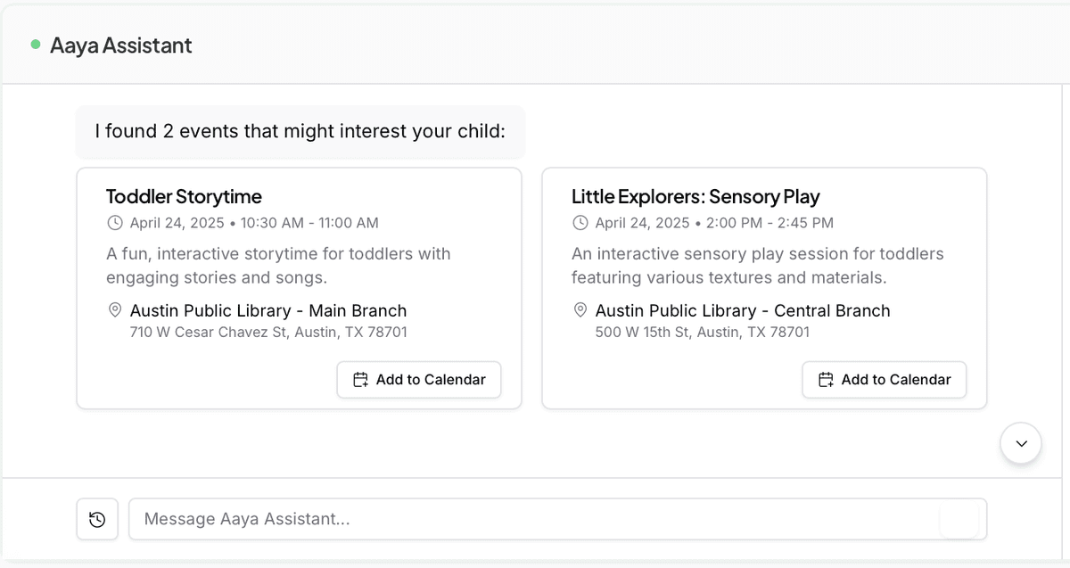 Aaya AI assistant showing event suggestions based on a query