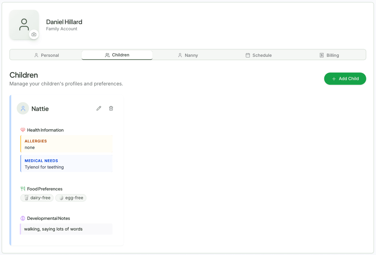Aaya child profile interface showing details like allergies and medical needs